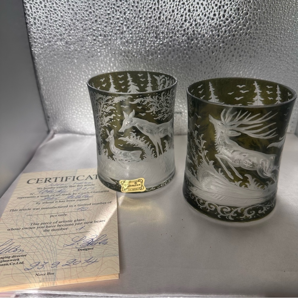 Egermann Czech Art Glass Deer Whiskey Glasses Limited Edition 1 of 10 COA - Picture 5 of 14